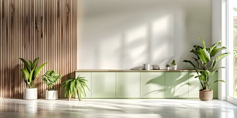 Minimalist green kitchen mockup with wood slat wall interior design. Concept Minimalist Design, Green Kitchen, Mockup, Wood Slat Wall, Interior Design