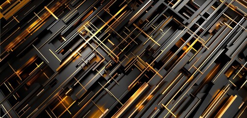 Abstract background, parallel lines intersecting and overlapping in various directions, black and gold