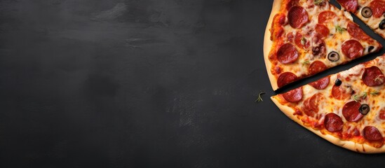 A gray background showcases a top down view of an Italian pizza split in half creating a flat lay banner that offers copy space for text