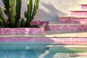 pool with pink tiles and cactus, morning sun