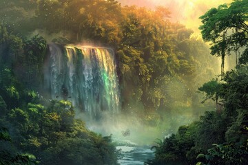 Cascading waterfall surrounded by lush greenery and rainbow-hued mist.