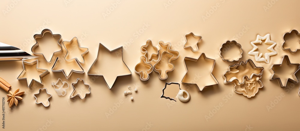 Poster christmas cookies and cutters arranged on a beige background with ample copy space for text or graph