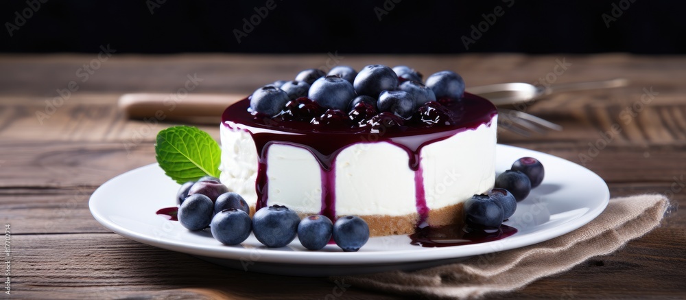 Poster A blueberry cheesecake is displayed on a white dish placed on a wooden table creating a visually appealing copy space image