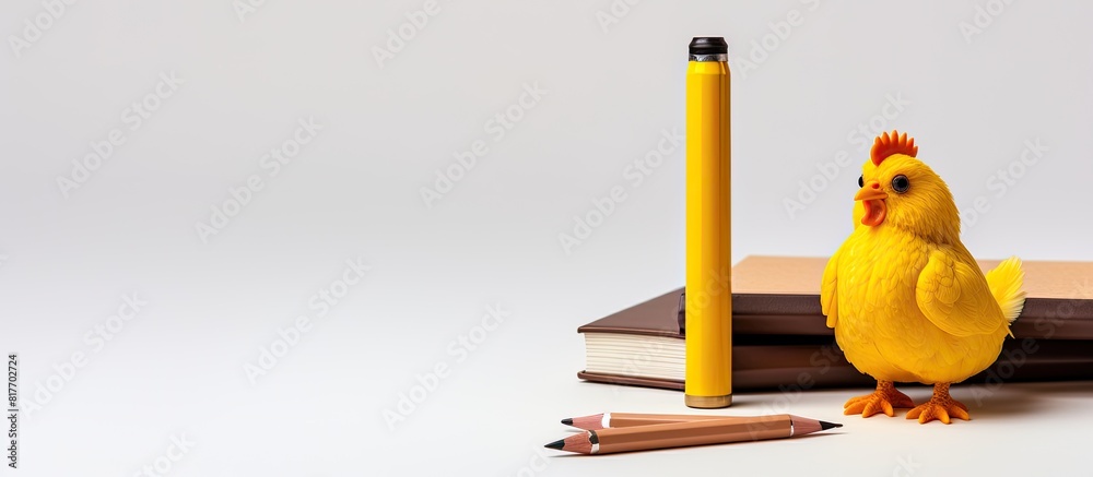 Poster on a white background there is a copy space image featuring a notebook a yellow pencil and a toy woo