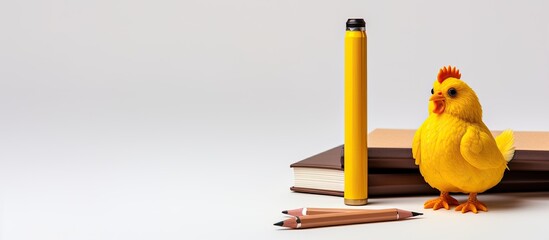 On a white background there is a copy space image featuring a notebook a yellow pencil and a toy wooden cock - Powered by Adobe