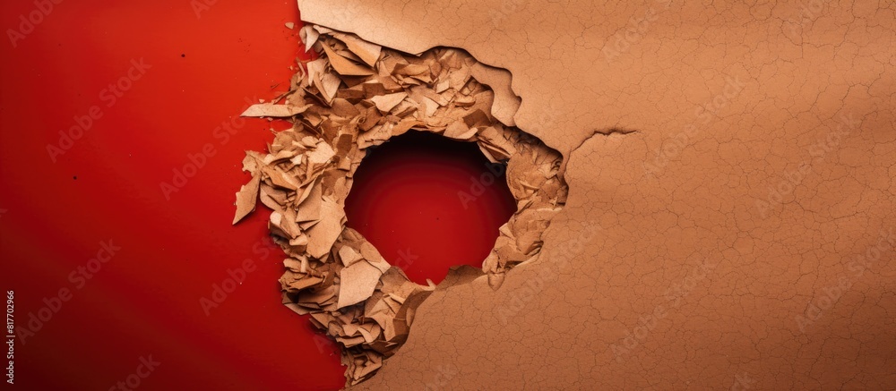 Poster A round hole is visible in a colored cardboard with torn paper in the background serving as a textured copy space for advertising text