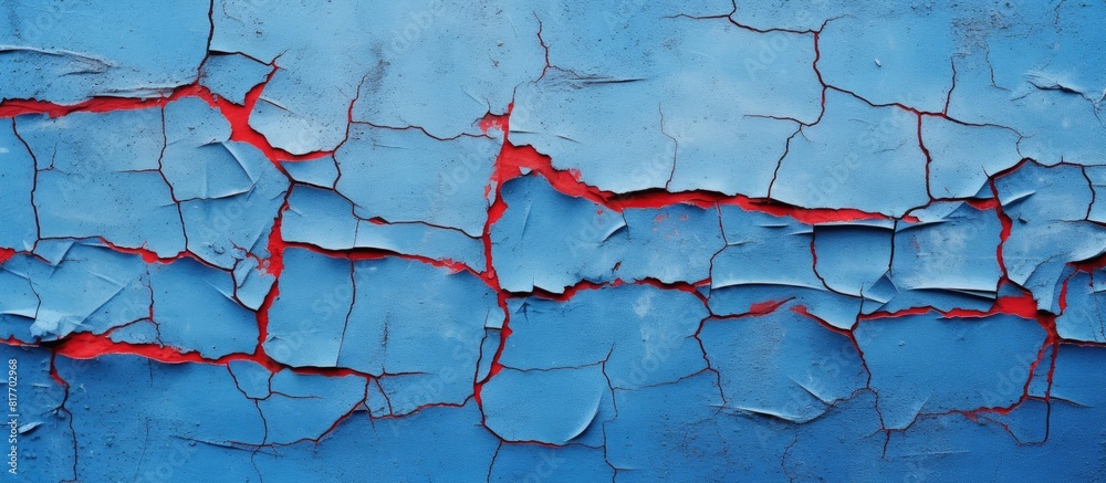 Aufkleber close up of a wall with a blue paint texture and prominent red cracks providing a visually appealing