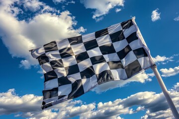 Checkered flag fluttering against cloudy sky