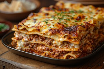 Lasagna: Layers of pasta, rich meat sauce, creamy bechamel, and melted cheese. The top layer should be golden brown and slightly crispy