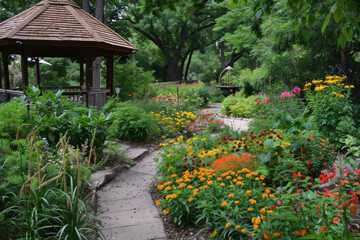 A tranquil garden with colorful flowers, winding pathways, and a quaint gazebo. 