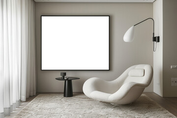 Modern Minimalist Interior Mock-up with Empty Frame and Curved Chair