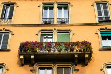 charming balcony adorned with vibrant flowers on an ornate european building, offering a picturesque urban view