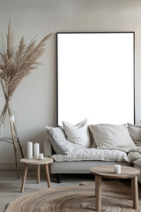 Scandinavian Minimalist Interior Mock-up with Empty Frame and Cozy Sofa