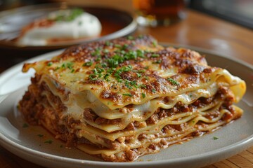 Lasagna: Layers of pasta, rich meat sauce, creamy bechamel, and melted cheese. The top layer should be golden brown and slightly crispy