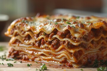 Lasagna: Layers of pasta, rich meat sauce, creamy bechamel, and melted cheese. The top layer should be golden brown and slightly crispy