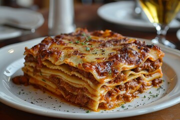 Lasagna: Layers of pasta, rich meat sauce, creamy bechamel, and melted cheese. The top layer should be golden brown and slightly crispy
