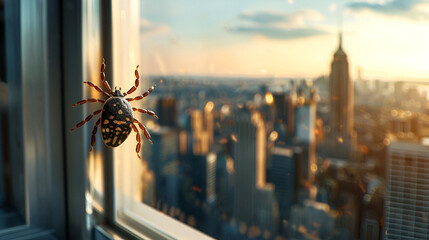 Tick on window overlooking city skyline at golden hour