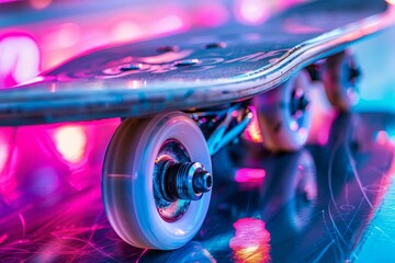 Vibrant close-up of colorful skateboard wheels and bearings with dynamic lighting on photo stock