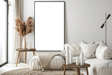 Scandinavian Minimalist Interior Mock-up with Empty Frame and Cozy Sofa