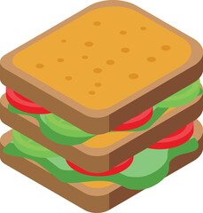 Detailed and colorful isometric sandwich vector illustration with fresh ingredients like bread. Tomato. And lettuce. Perfect for food and lunch graphic design