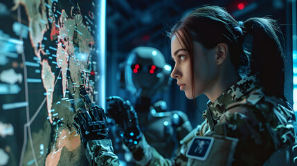 Soldier and robot analyzing digital world map in high-tech war room