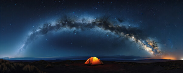 A magical night scene in nature with a solitary tent illuminated from within, while stars shine brightly in the sky.