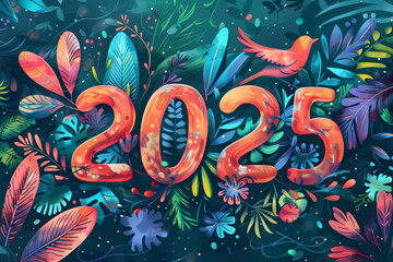 Vibrant 2025 happy new year typography with colorful calligraphy and floral design