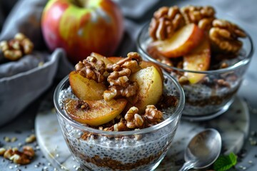 Chia pudding with caramel apples and nuts