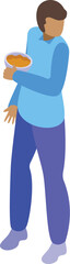 Isometric view of a cartoon man in casual attire holding a bowl of food