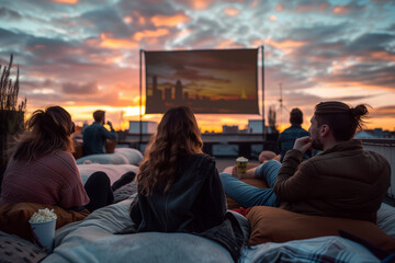 seascape, modern rooftop garden with green grass and blue sky at sunset, group of friends sitting on bean bags eating popcorn while watching movie projected onto big screen outdoor