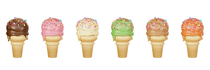 various flavours of melting ice cream scoops on cones with colorful sprinkles on top isolated on transparent background. 3d illustration.