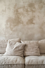 Rustic Minimalist Interior Mock-up with Linen Sofa and Textured Wall