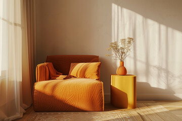Warm Minimalist Interior Mock-up with Orange Chair and Soft Light