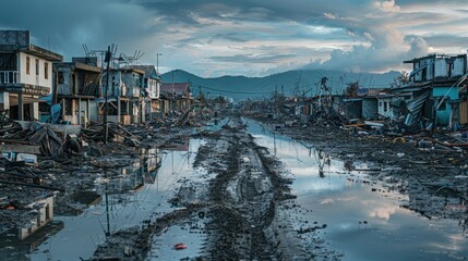Naklejka premium Natural disasters and climate change This devastated city stands as a symbol.