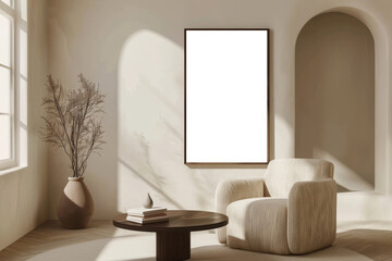 Minimalist Neutral Interior Mock-up with Archway, Empty Frame, and Comfortable Chair