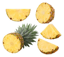 half pineapple with leaves and slices isolated, transparent png, PNG format, cut out.