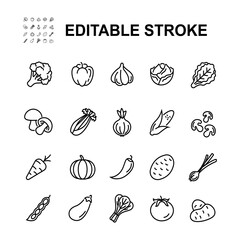 Collection of icons related to vegetables and herbs. Contains icons such as mushrooms, tomatoes and many more. Illustration in line style.