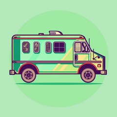 A catering truck illustration in a vibrant sticker style, surrounded by a red outline on a solid light green background.