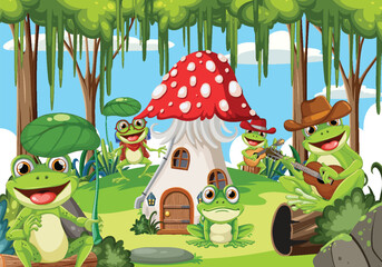 Cartoon frogs near a mushroom house in the woods
