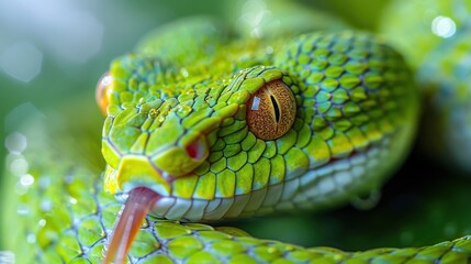 Close-up of a green snake's head with its tongue hanging out