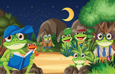 Naklejka premium Frogs reading and exploring under the night sky