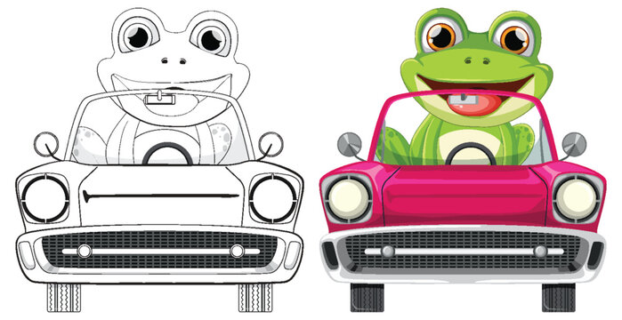 Cartoon frog happily driving a vibrant pink car