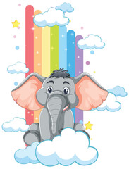 Cheerful elephant sitting on clouds with rainbow
