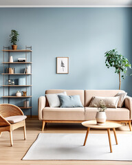 Wicker chair and beige sofa near shelf against blue wall. Scandinavian interior design of modern living room.