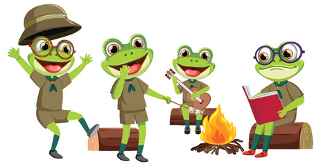 Frogs camping, playing guitar, reading, and having fun