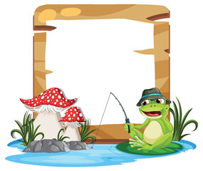 Cartoon frog fishing beside red mushrooms and rocks
