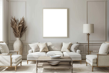 Bohemian Minimalist Interior Mockup with Empty Frame Art and Cozy Sofa