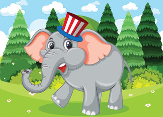 Cartoon elephant with a striped hat in the woods