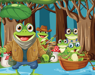 Cartoon frogs playing music and having fun outdoors