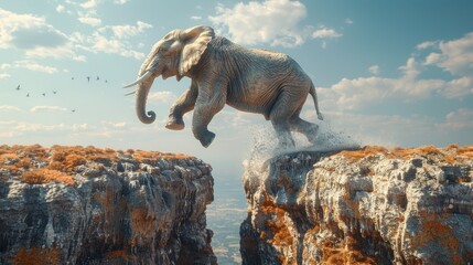 illustration of an elephant jumping over a cliff